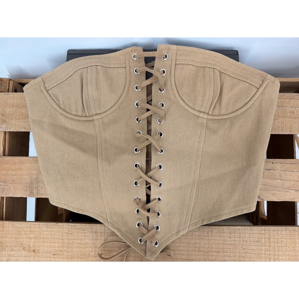 Lioness Tan Lace Up Corset Top Cotton Twill Structured‎ Bustier Neutral Small